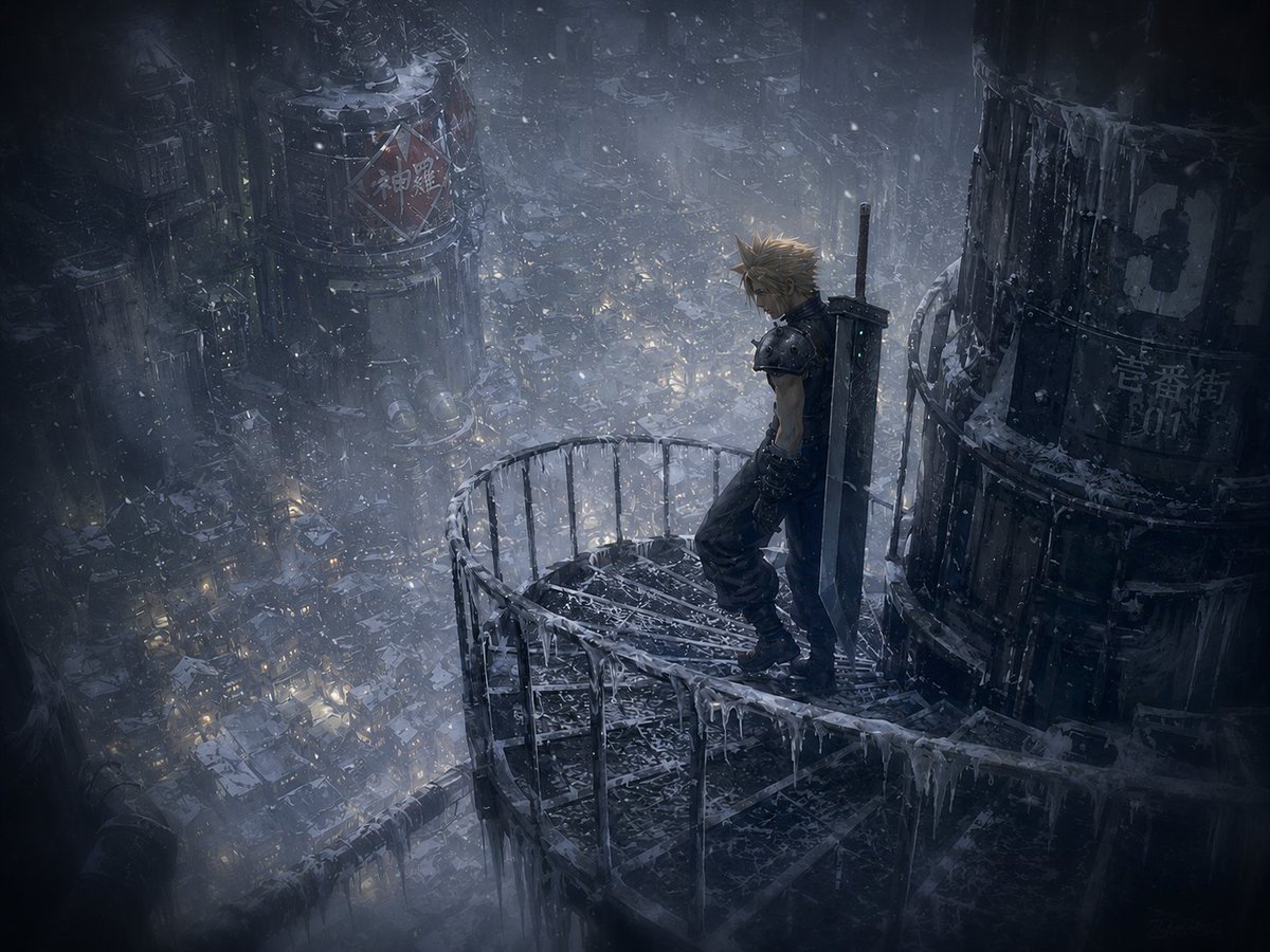 米德加 (Midgar) 上空的冬季赛博朋克阳台