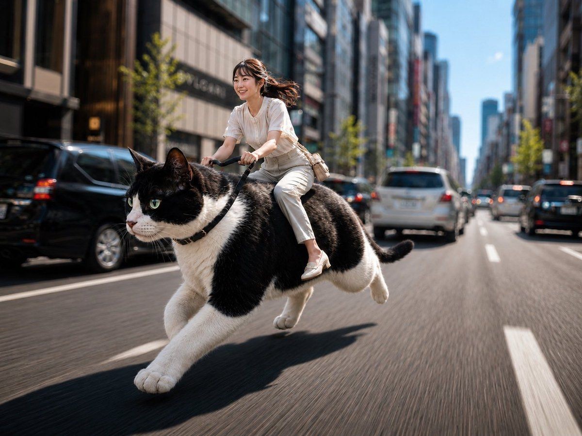 Social Media Post - Woman Riding a Giant Cat Commute