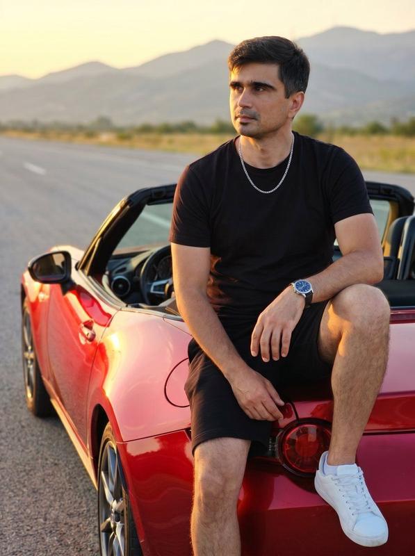 Social Media Post - Man on Red Convertible Sports Car