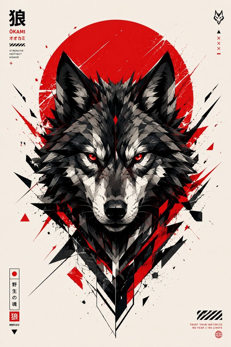 Game Asset - Geometric Wolf Head Japanese Poster
