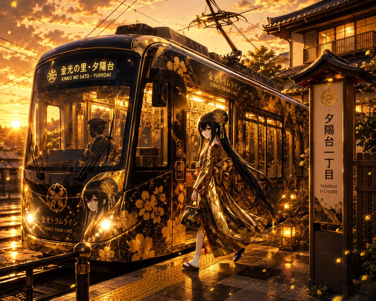 夕阳下的金色动漫电车
