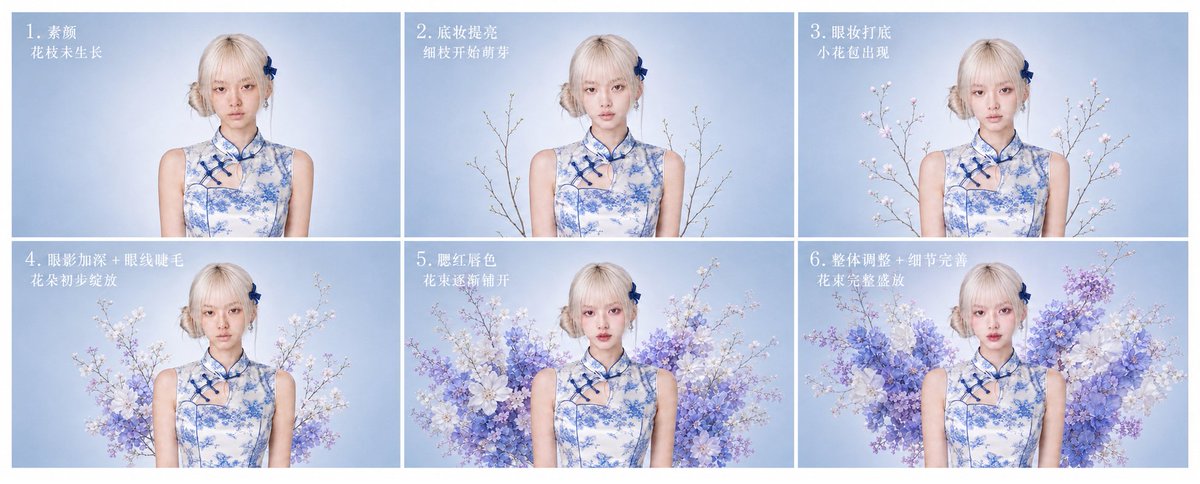 提示词：👇
生成一张 6 步流程图，主题为「旗袍花卉妆造生成过程」。每个小图保持 16:9，排版干净统一。