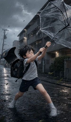 男孩撑伞对抗暴风雨