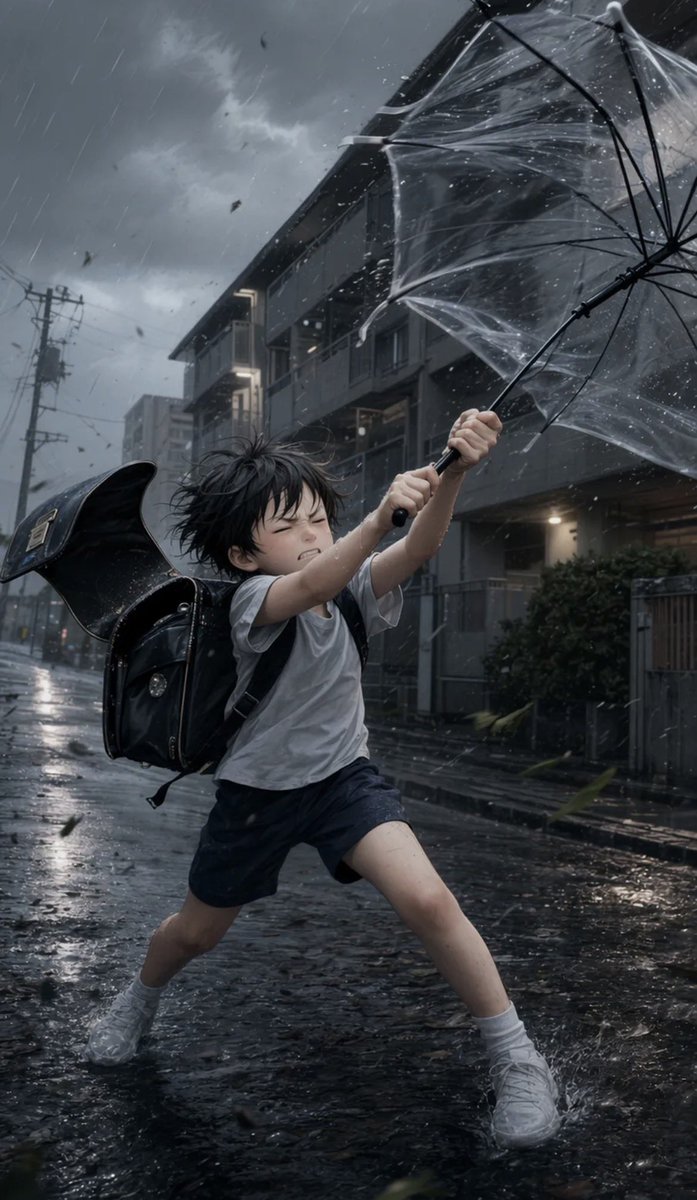 男孩撑伞对抗暴风雨