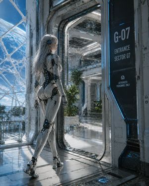 空间站入口处的女性仿生人