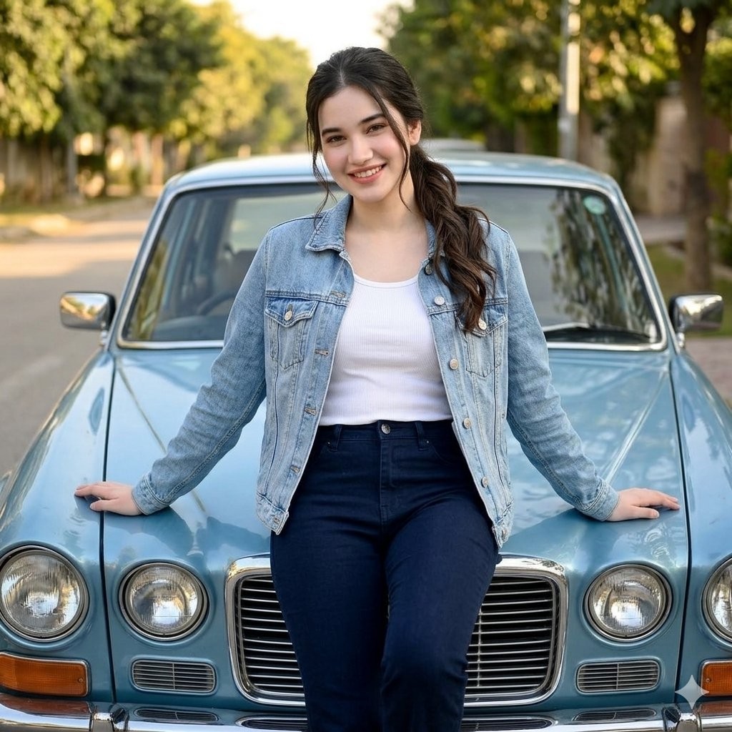 Vintage Blue Car Lifestyle Portrait