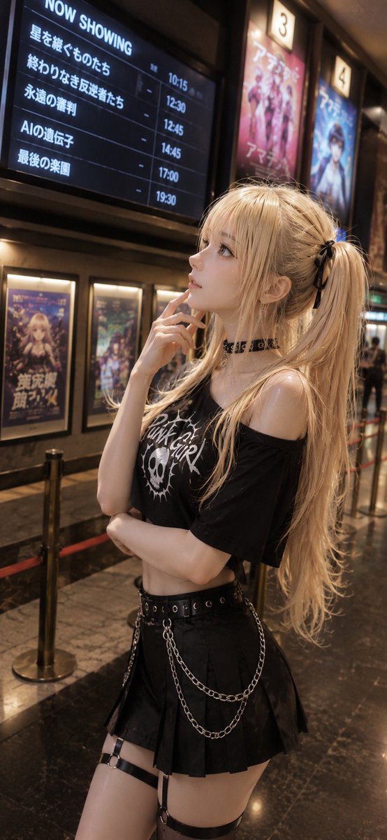 电影院大厅里的哥特风动漫少女