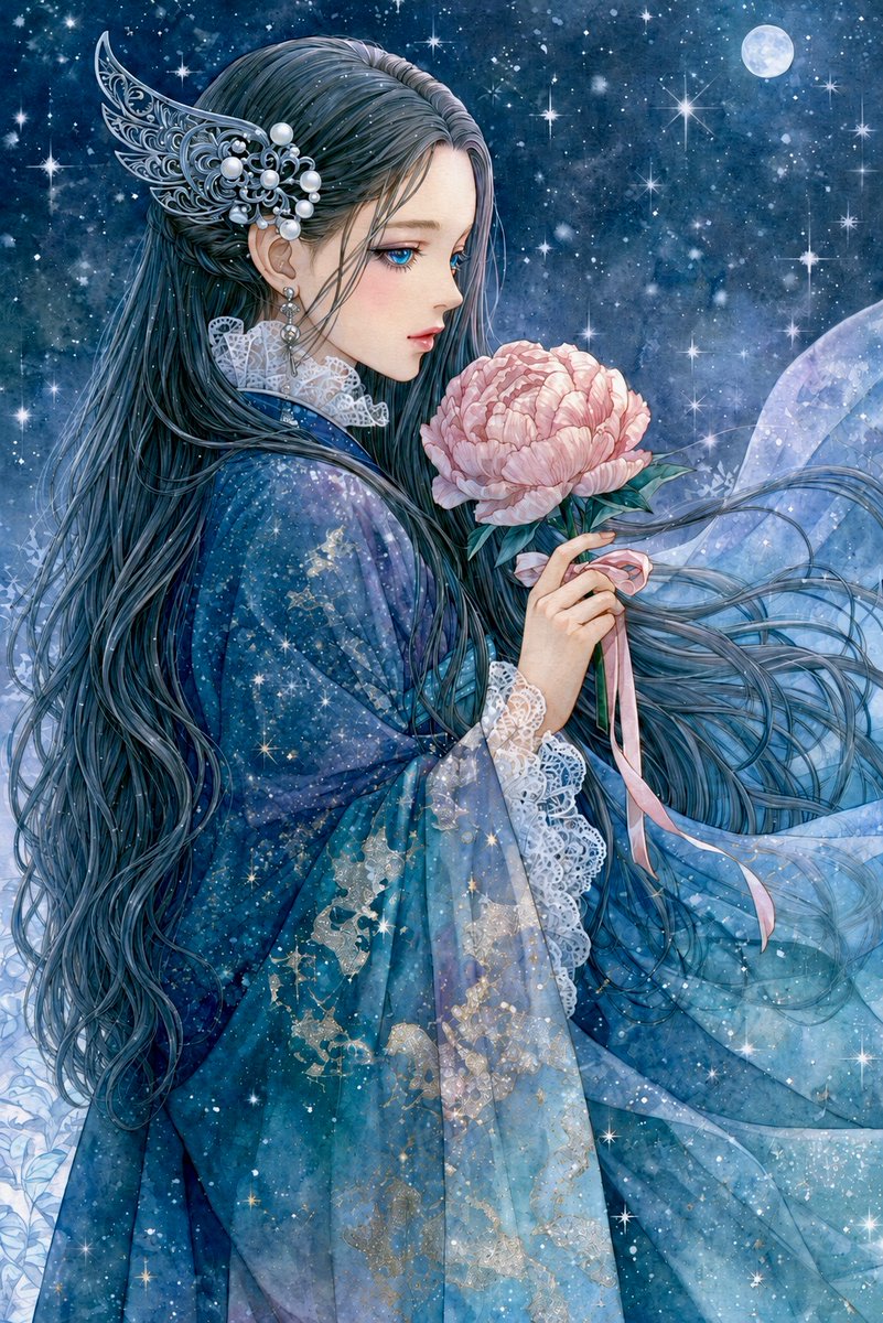 月光下的动漫少女与牡丹