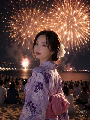 海滩烟火大会上优雅的日式浴衣少女