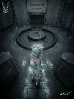 俯视视角科幻猫耳少女测试场