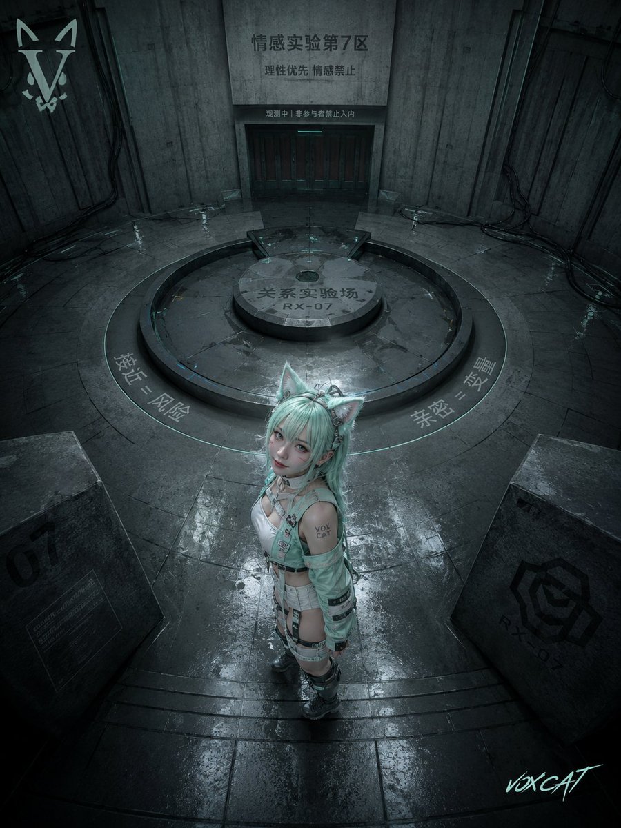 俯视视角科幻猫耳少女测试场