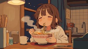 深夜吃拉面的困倦女子