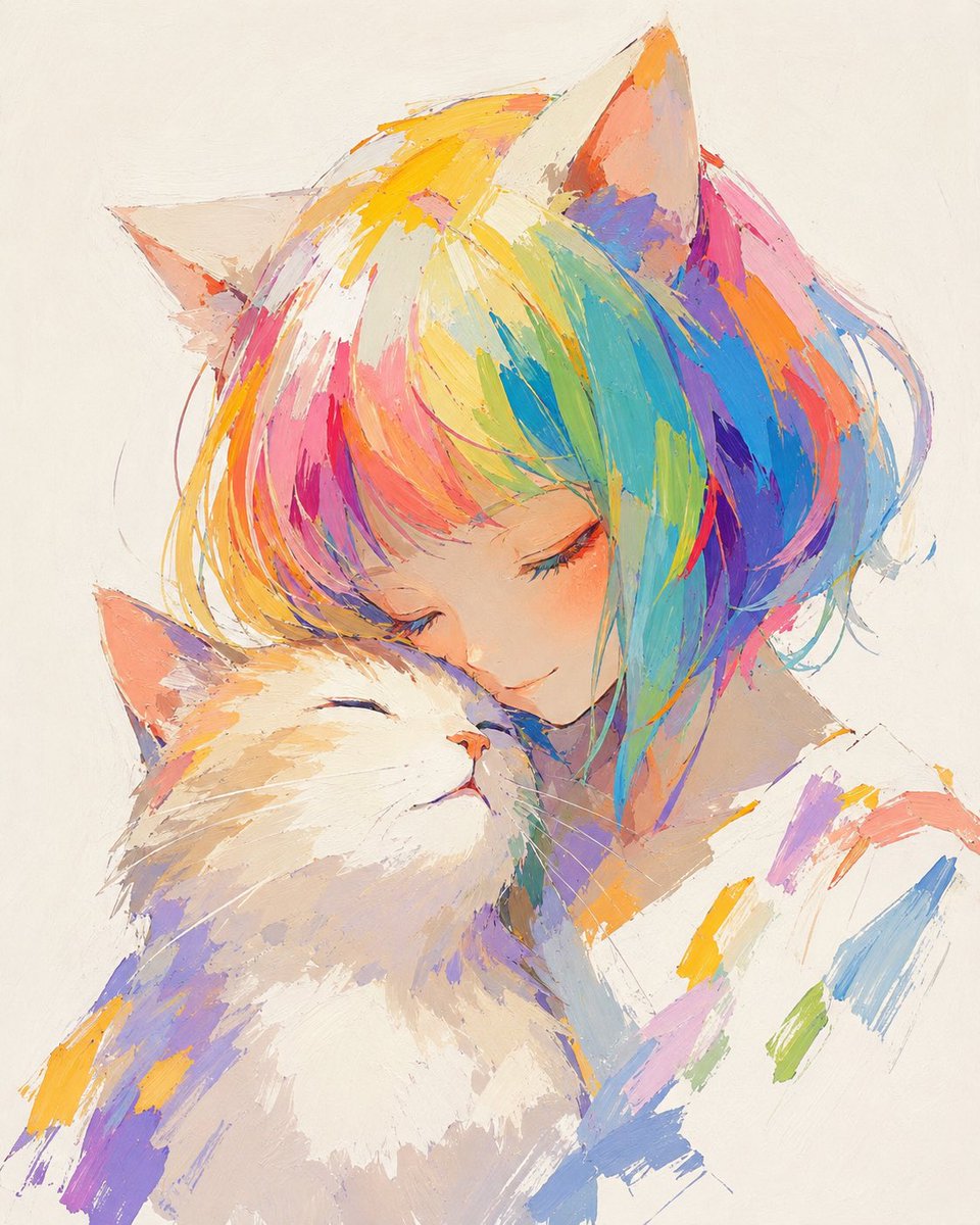 彩虹发色猫耳少女画作
