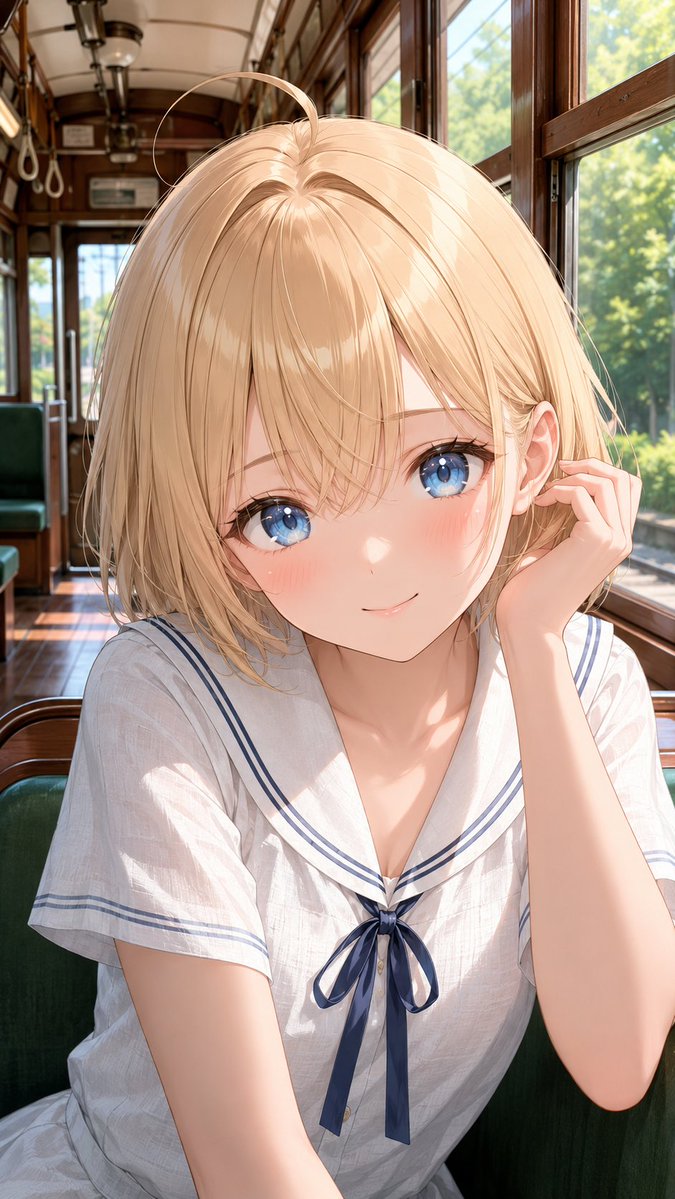 Shy Anime Girl on a Summer Tram