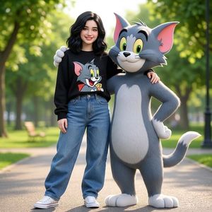 与真人大小汤姆猫合影的女性