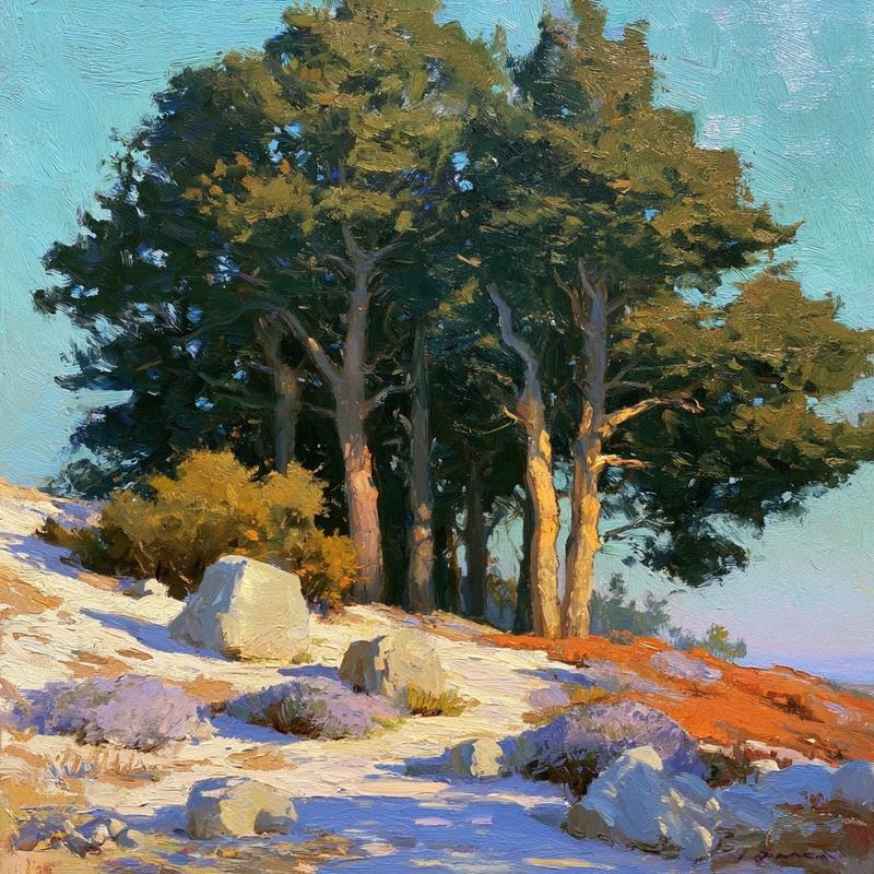 Oil Painting of Pine Trees in Sunlight