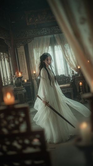 烛光密室中的电影感武侠女剑客