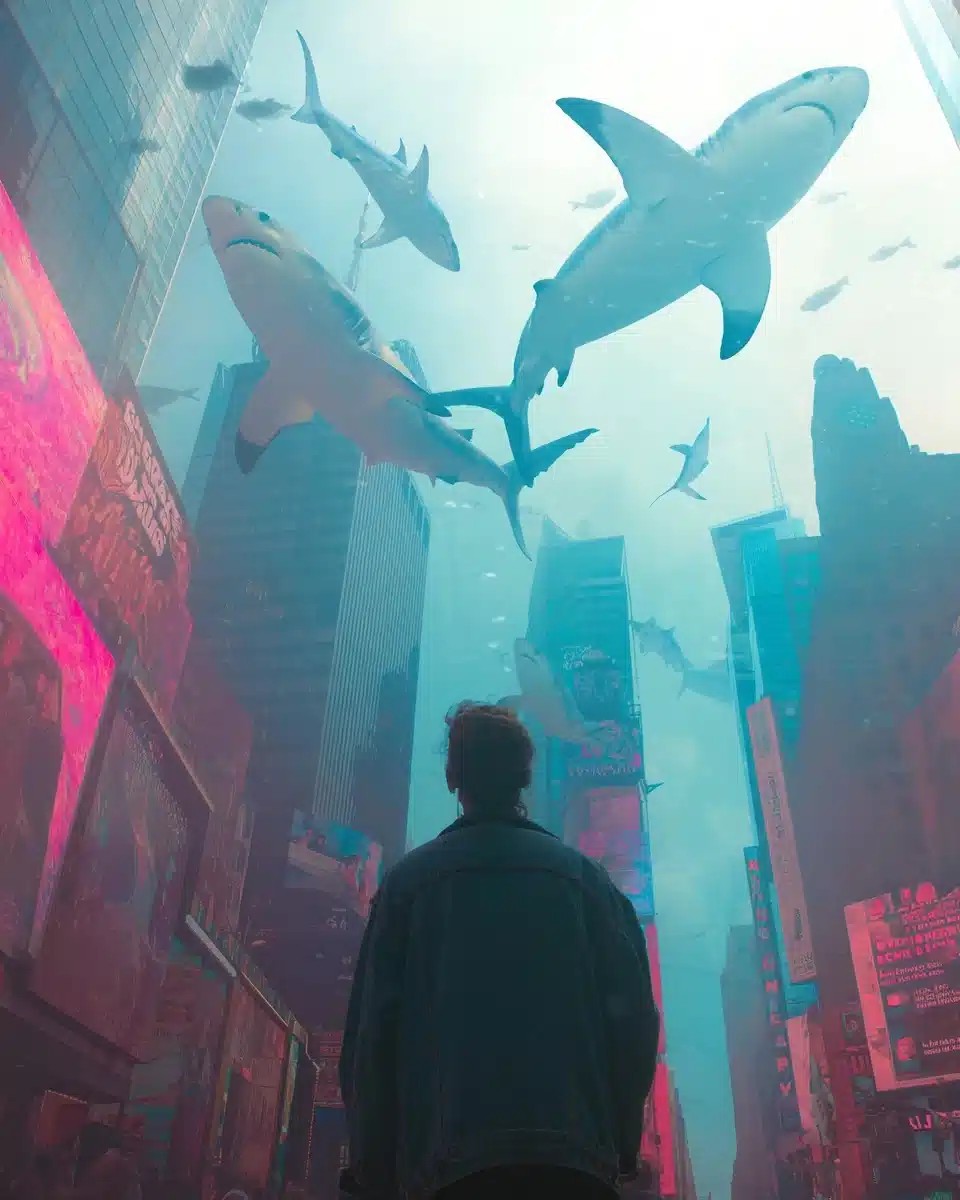Hyper-Realistic Sharks in Times Square