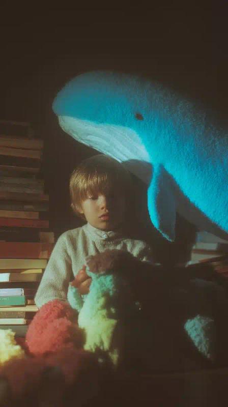 Whale in Dimly Lit Bookroom