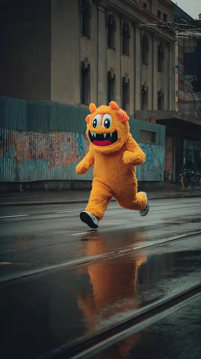 Monster Mascot Running Rain