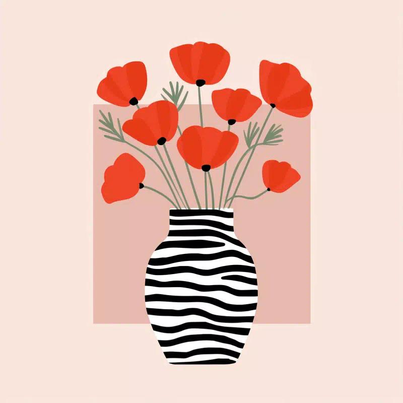 Zebra-Striped Vase with Poppies