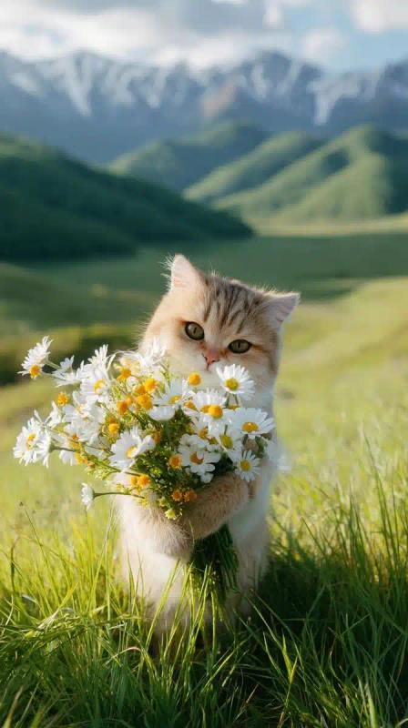 Chubby Cat with Flowers