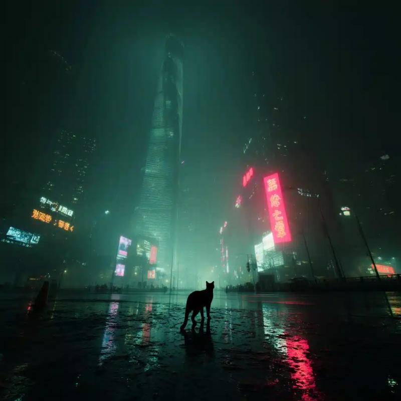 Cinematic Cat in Cyberpunk Shanghai
