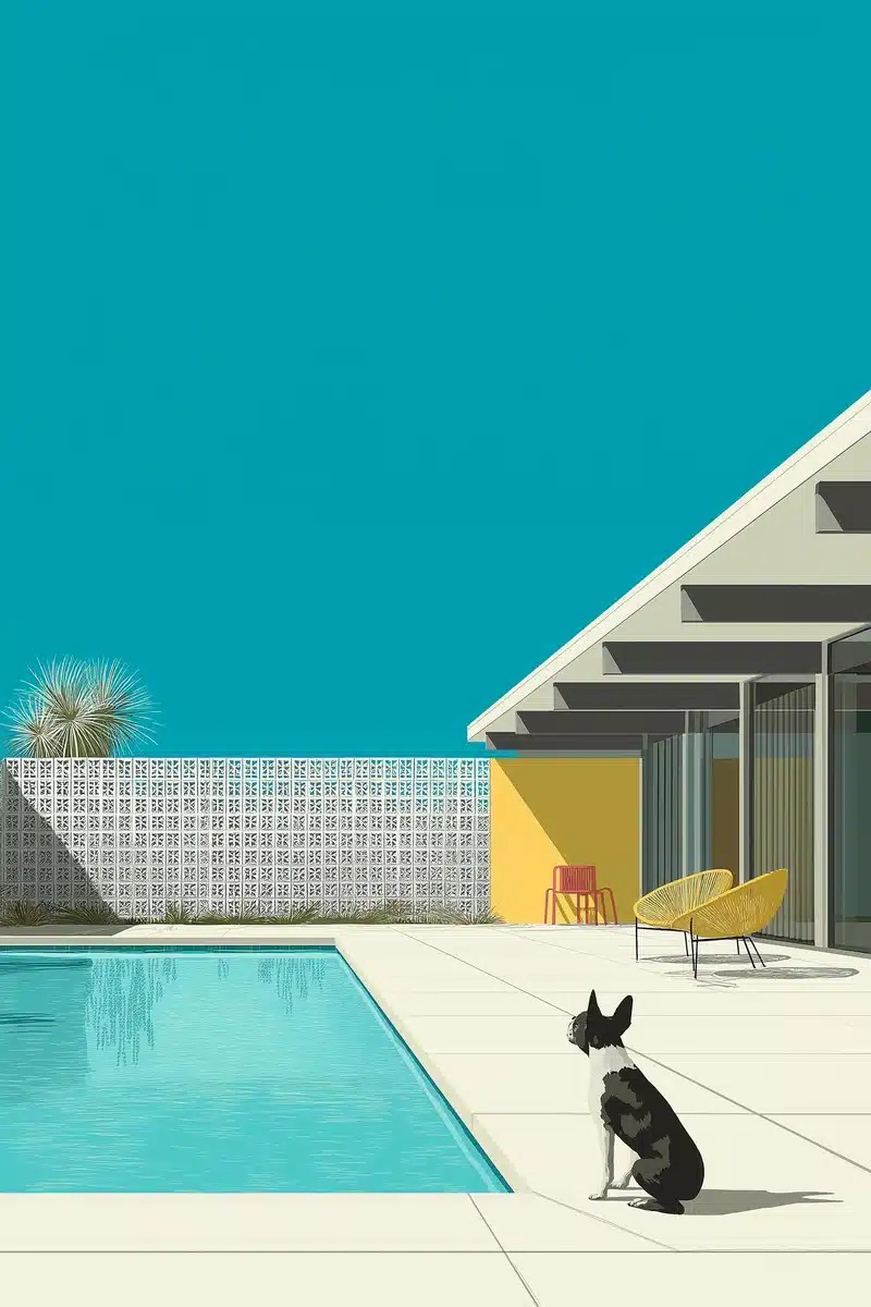 Mid-Century House with Boston Terrier
