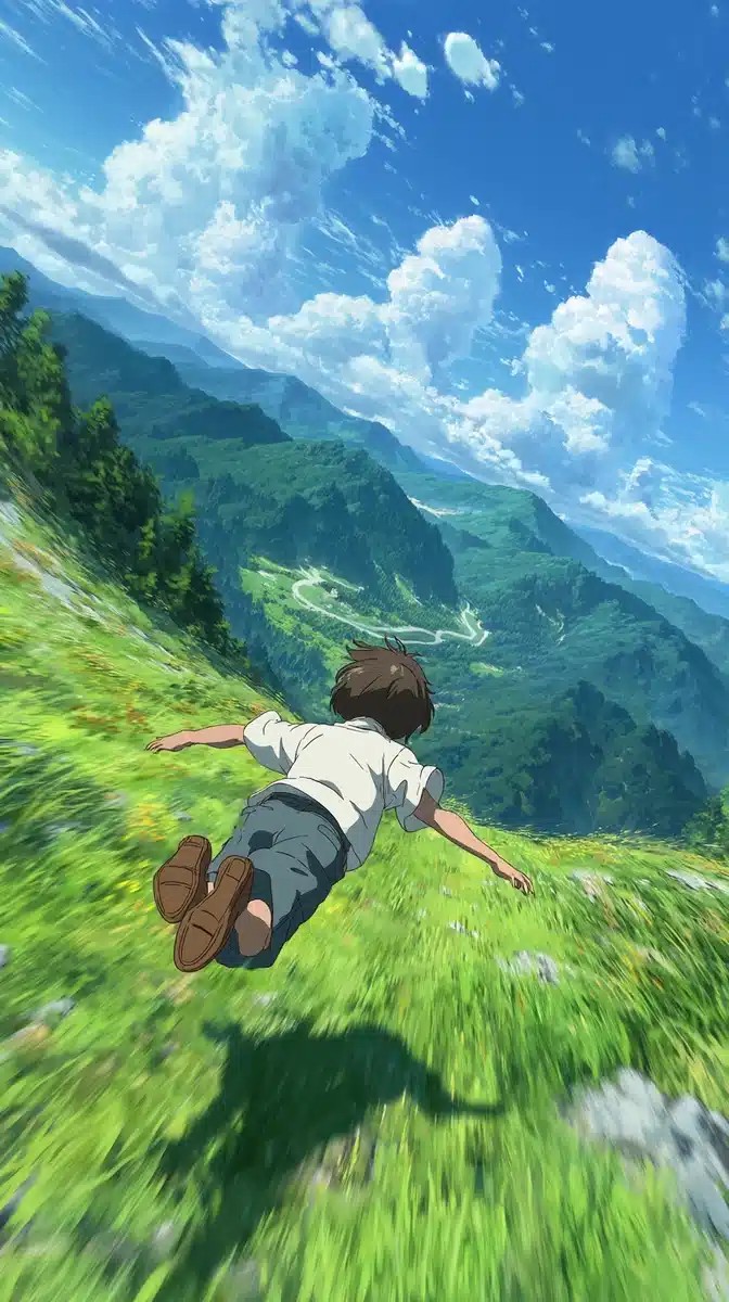 Anime Boy Gliding Over Valley