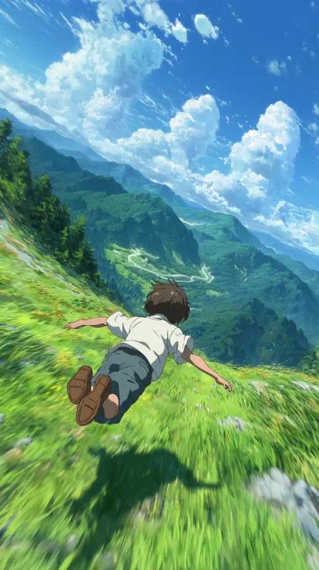 Anime Boy Gliding Over Valley