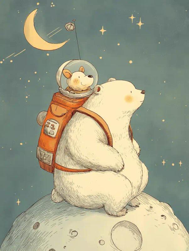Kawaii Bear and Puppy in Space