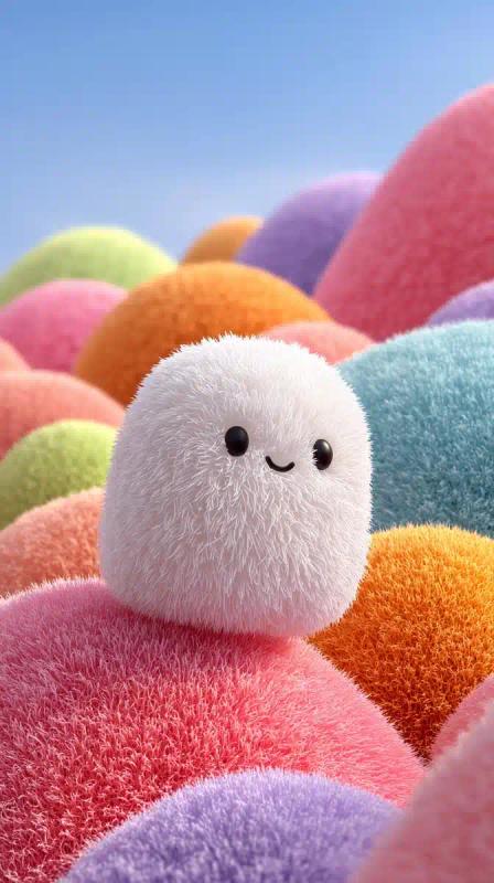 Fluffy Character Among Pastel Hills