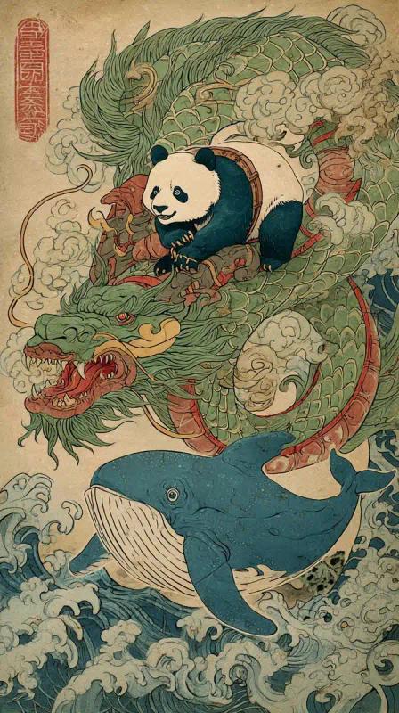 Panda and Dragon Ukiyo-e