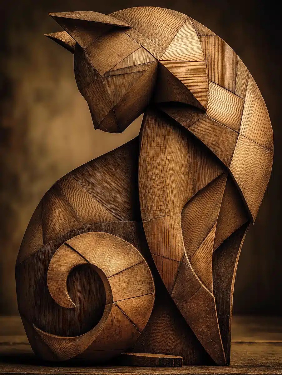 Geometric Wooden Cat Sculpture