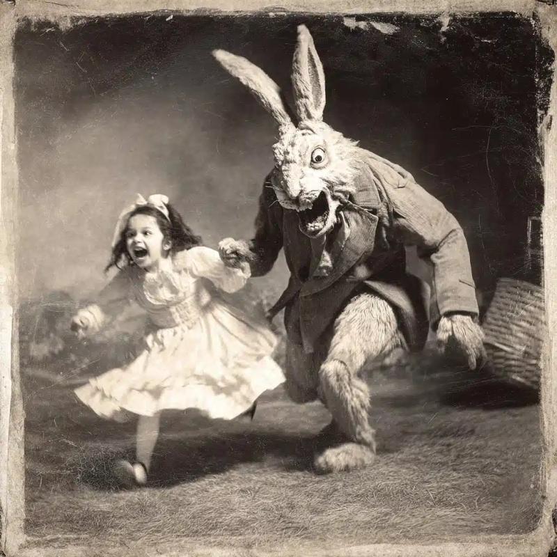 Vintage Photo Bunny Monster Chase