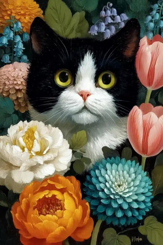 Audubon-Style Cat with Flowers