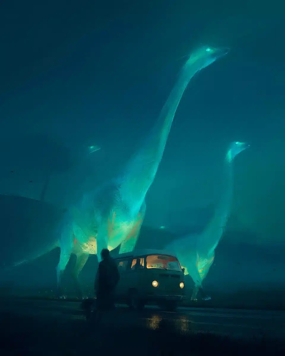 Surreal Dinosaurs Under Moonlight