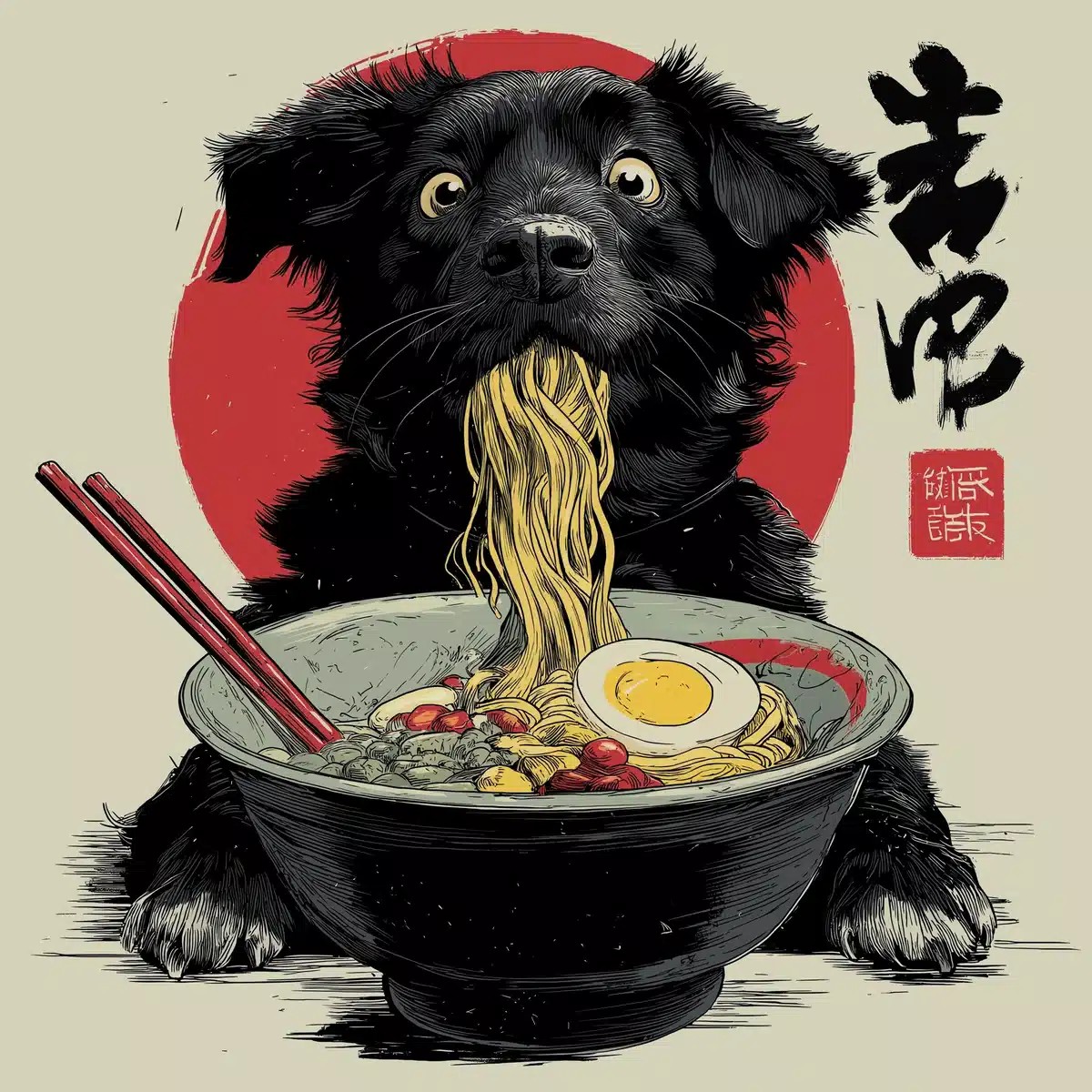 Cartoon Dog Slurping Ramen
