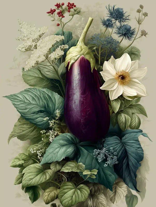 Graphic Eggplant with Flora