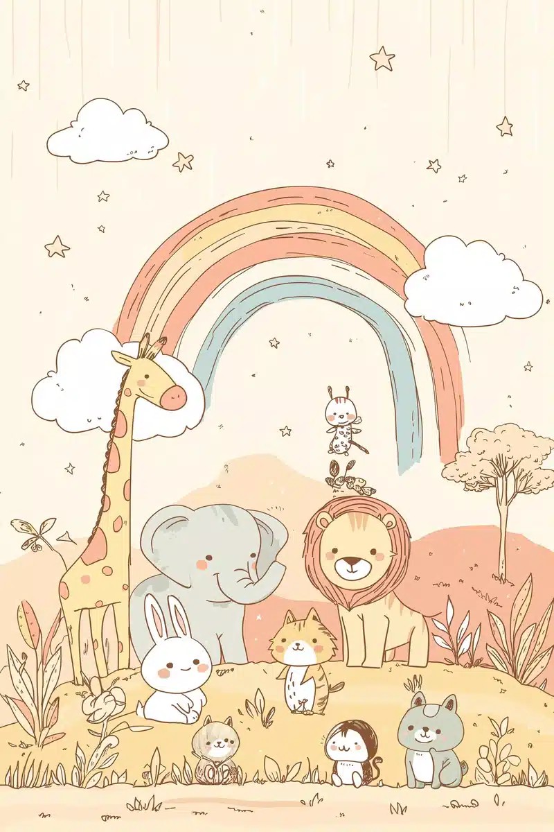Pastel Cartoon Animals Landscape