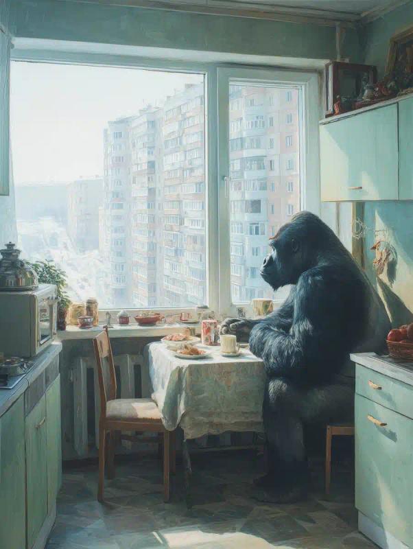 Hyperrealistic Gorilla in Kitchen