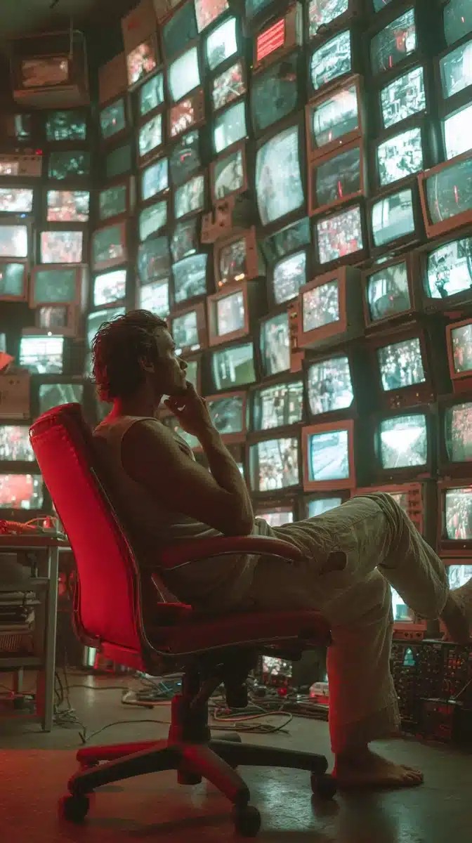 Muscular Man Amid Screens