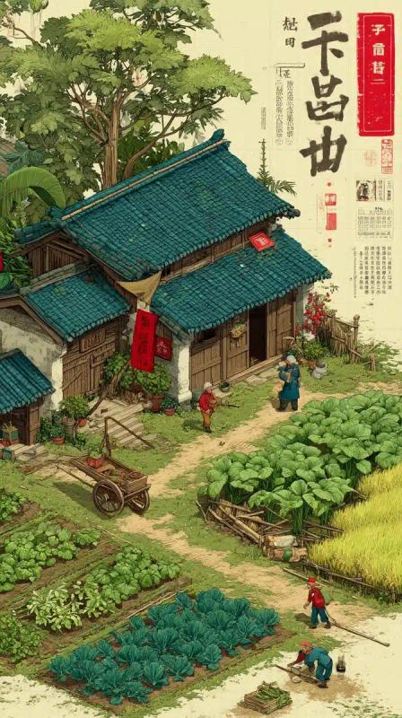 Cartoon Chinese Farming Scene