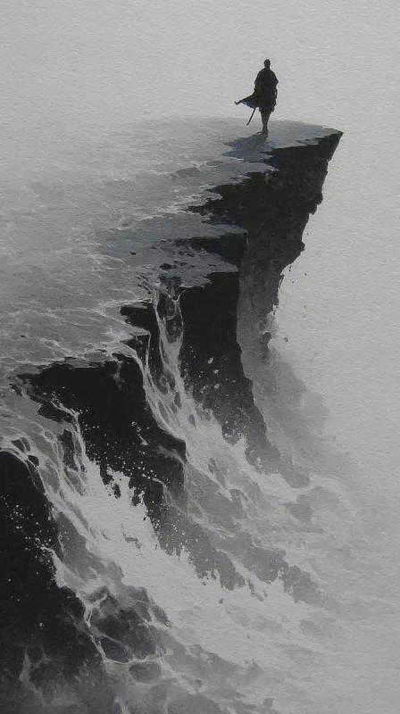 Monochrome Swordswoman on Cliff