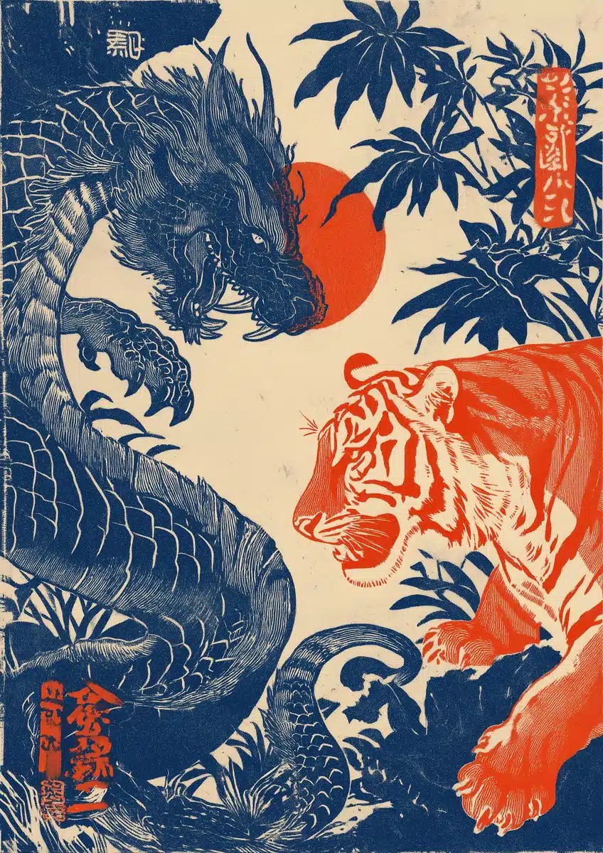 Dragons and Tigers Woodblock Print