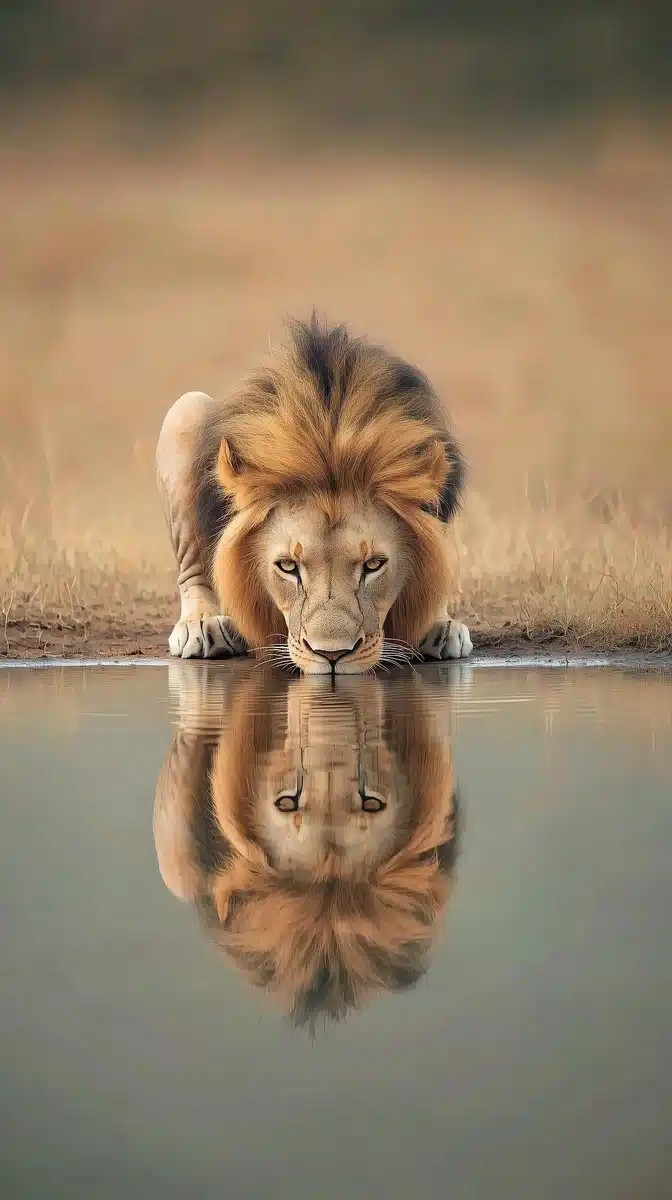 Lion Reflection in Savannah