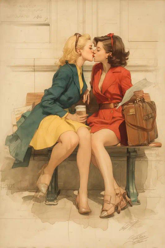 Watercolor 1940s Friends Kissing