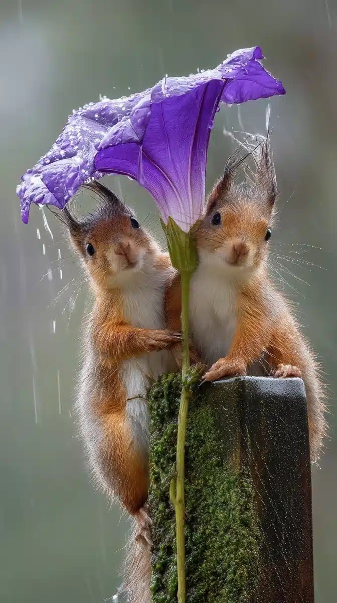 Squirrels Sheltering Under Morning Glory