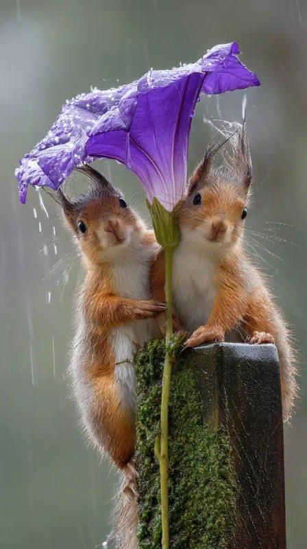 Squirrels Sheltering Under Morning Glory