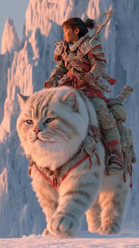 Determined Warrior Girl Riding Cat
